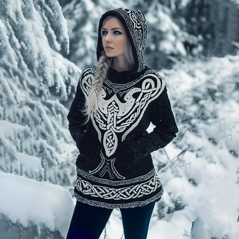 Women's Viking Tribal Celtic Chunky Knit Hooded Sweater Women's Viking Tribal Celtic Chunky Knit Hooded Sweater