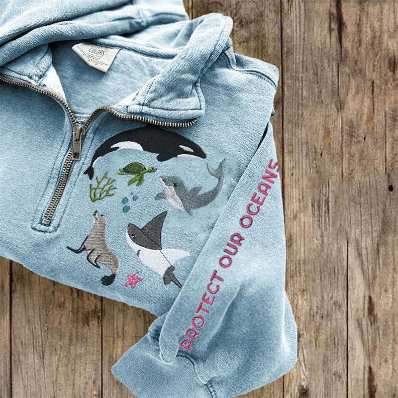 Protect Our Oceans Marine Animals Embroidered Zip Up Sweatshirt