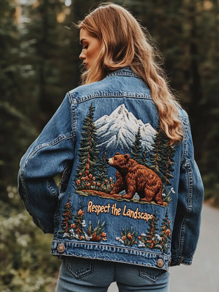 Vintage Landscape Floral And Bear Embroidered Denim Jacket