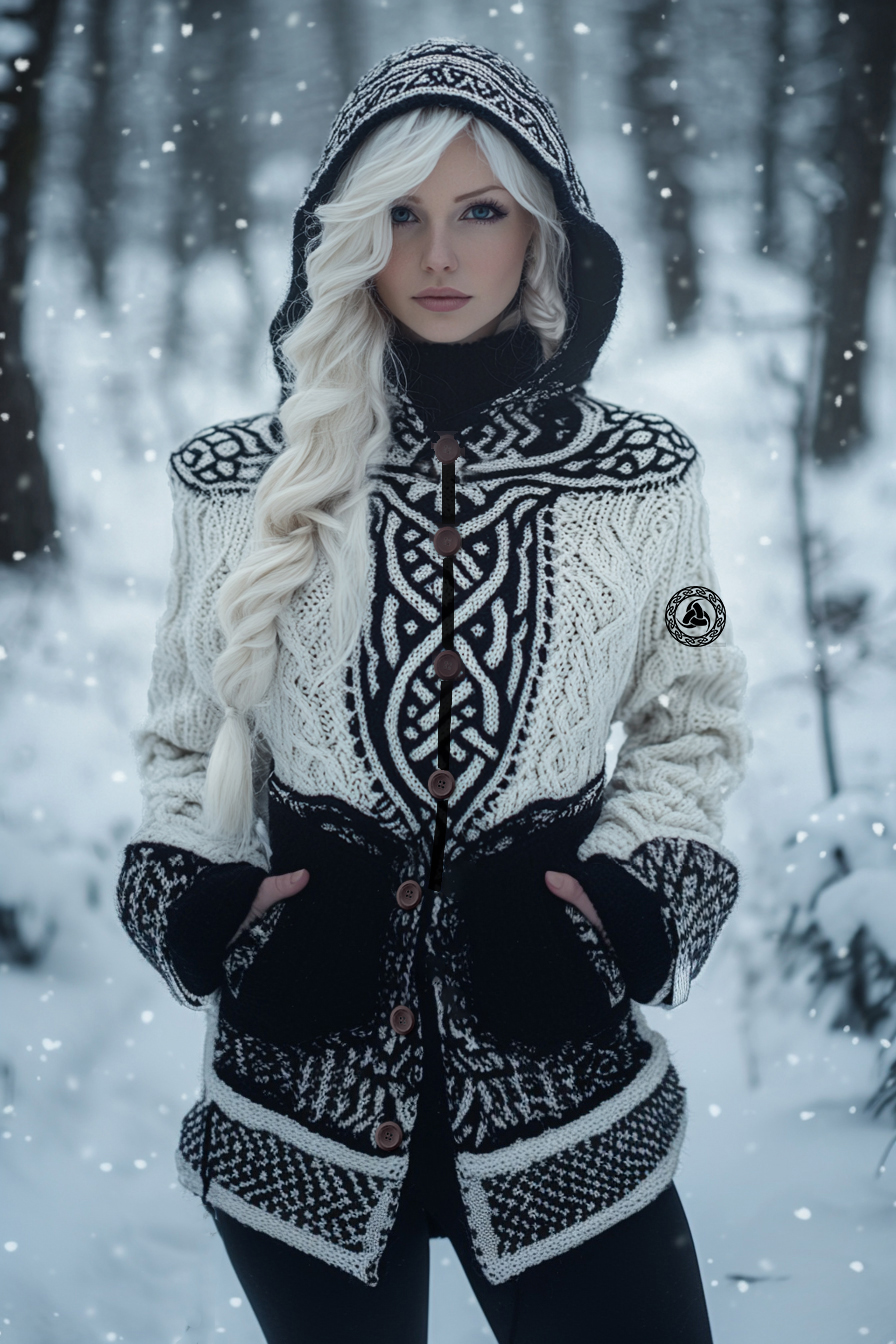 Vintage Odin Delta Rune Celtic Knot Knit Jacquard Button Hooded Sweater
