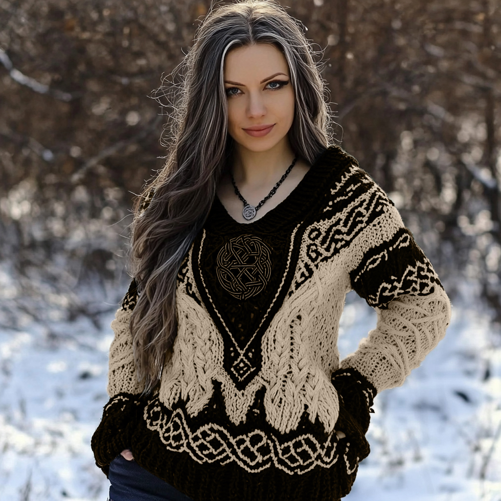 Women's Viking Rune Knit Jacquard V-neck Sweater