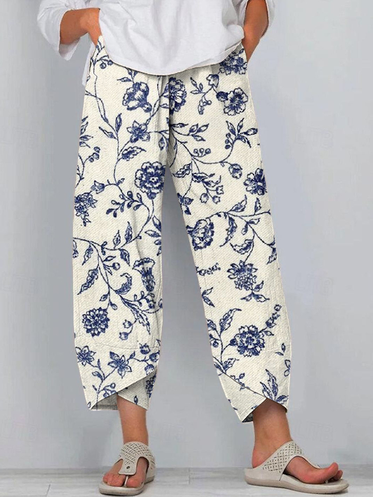 Women's Vintage Blue Floral Print Linen Blend Pants