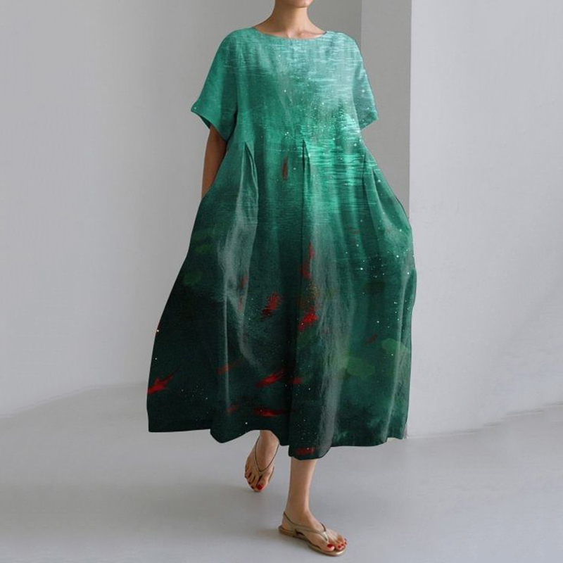 Fish Art Print Round Neck Short Sleeve Casual Midi Dress Fish Art Print Round Neck Short Sleeve Casual Midi Dress