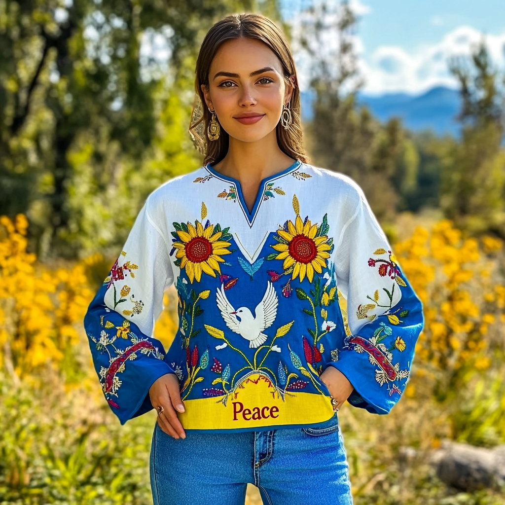 Ukraine Peace Floral Embroidered V-neck Linen Shirt Ukraine Peace Floral Embroidered V-neck Linen Shirt
