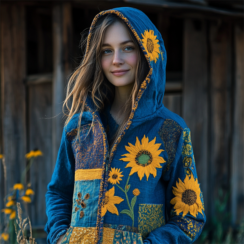Ukraine Ethnic Sunflowers Embroidered Patchwork Full Zip Hoodie Ukraine Ethnic Sunflowers Embroidered Patchwork Full Zip Hoodie