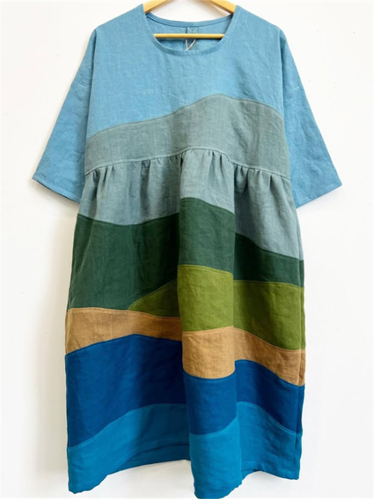 Blue Tone Landscape Colorblock Linen Dress