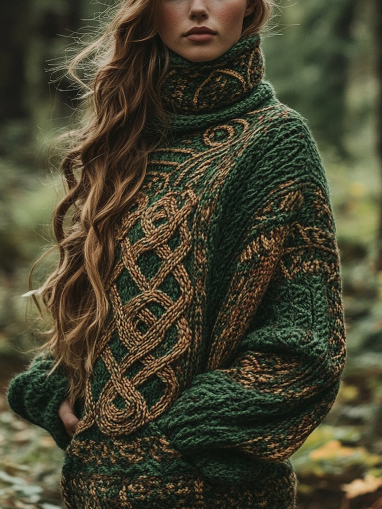 Classic Celtic Knot Jacquard Contrast Color Turtleneck Sweater