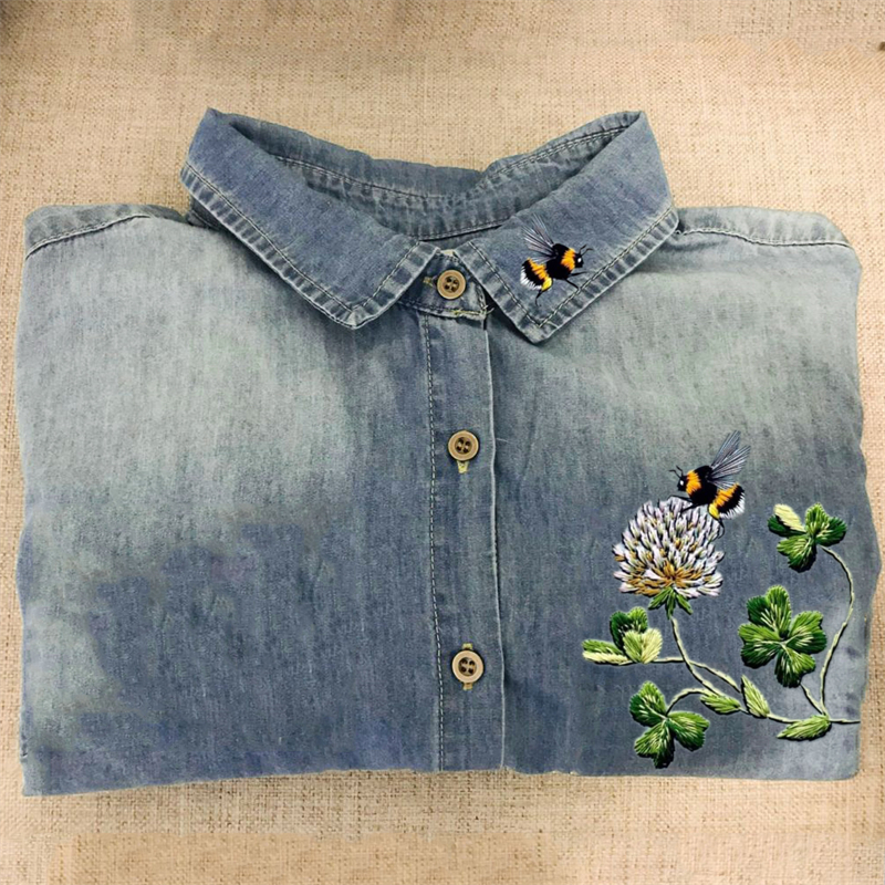 Cottage Bees & Clovers Embroidered Washed Denim Blouse Cottage Bees & Clovers Embroidered Washed Denim Blouse