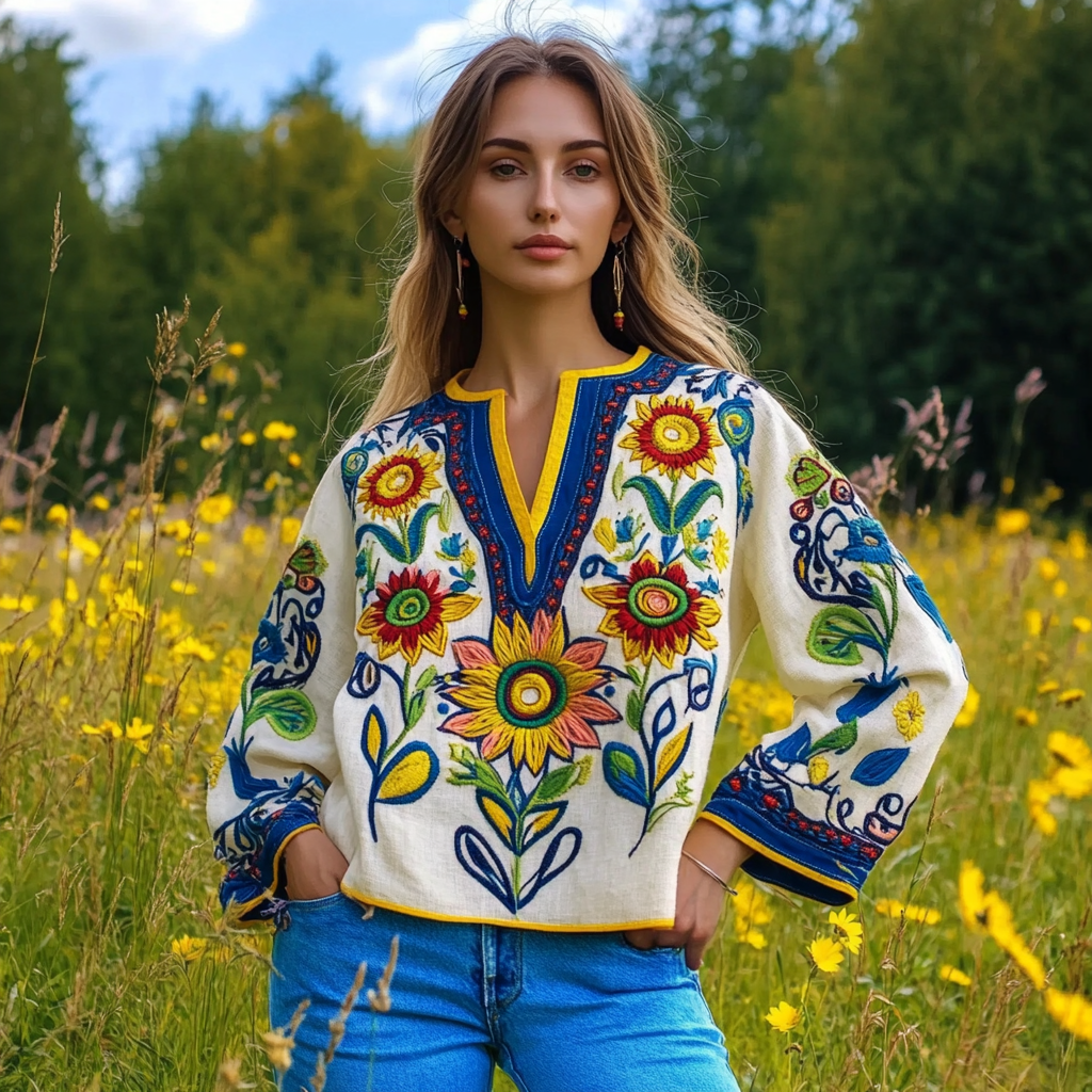 Ukrainian Folk Sunflower Floral Embroidery Art Linen Shirt Ukrainian Folk Sunflower Floral Embroidery Art Linen Shirt