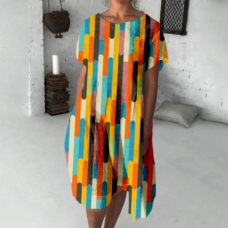Retro Color Block Abstract Art Linen Blend Midi Dress Retro Color Block Abstract Art Linen Blend Midi Dress