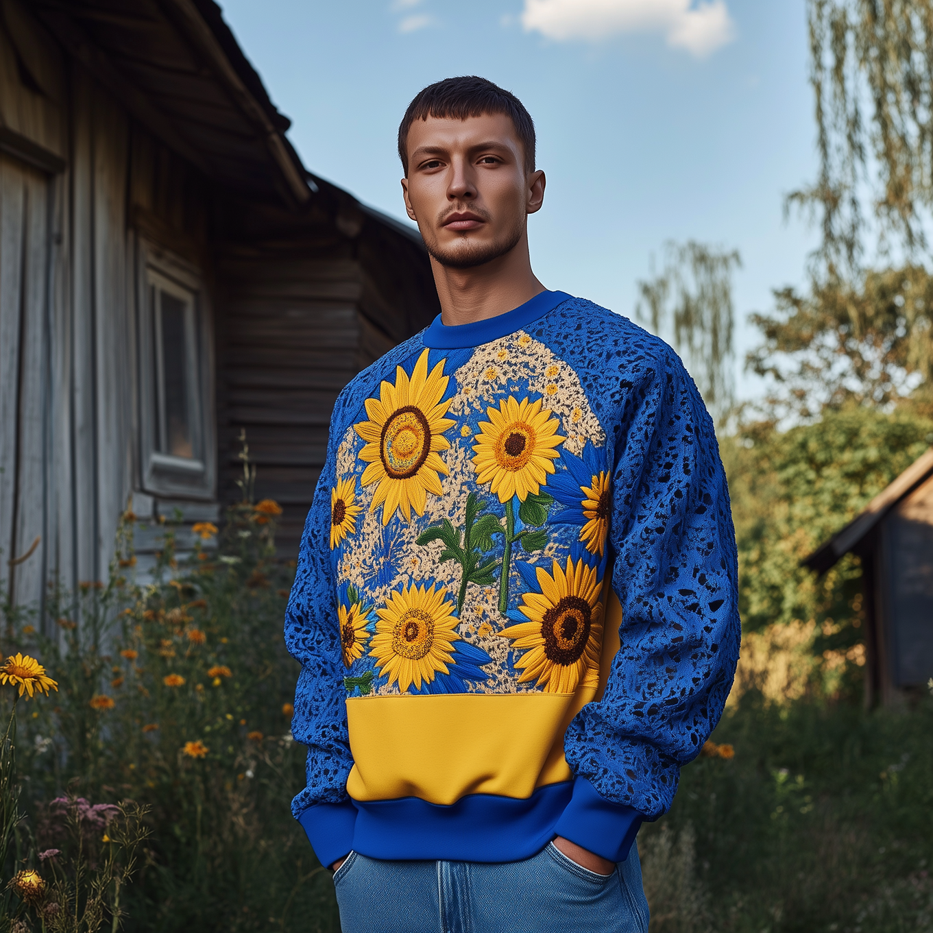 Men's Ukrainian Sunflower Embroidery Raglan Sleeve Casual Sweatshirt Men's Ukrainian Sunflower Embroidery Raglan Sleeve Casual Sweatshirt