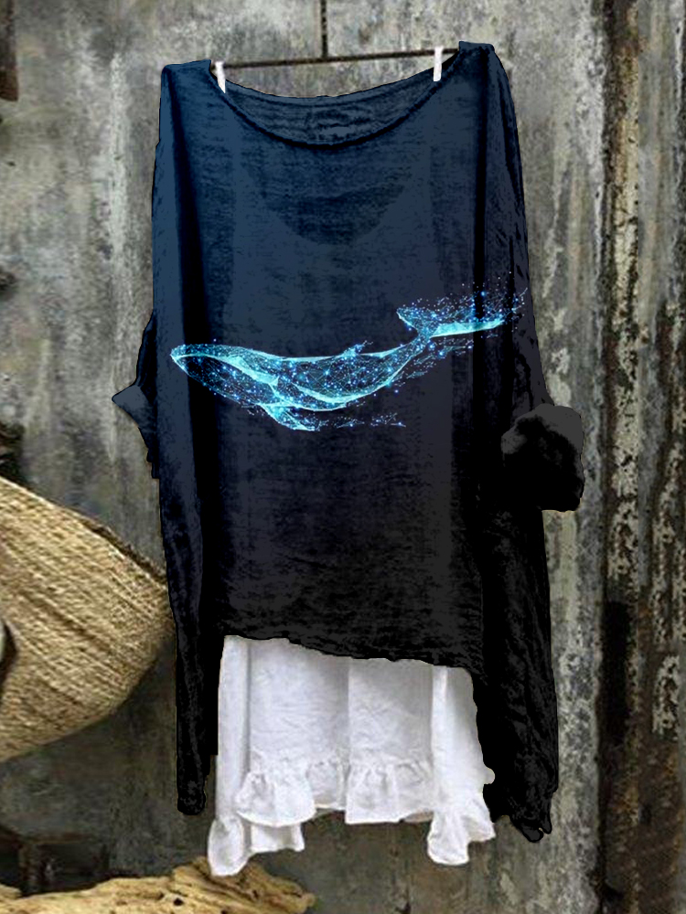 Ocean Whale Art Graphic Linen Blend Flowy Tunic