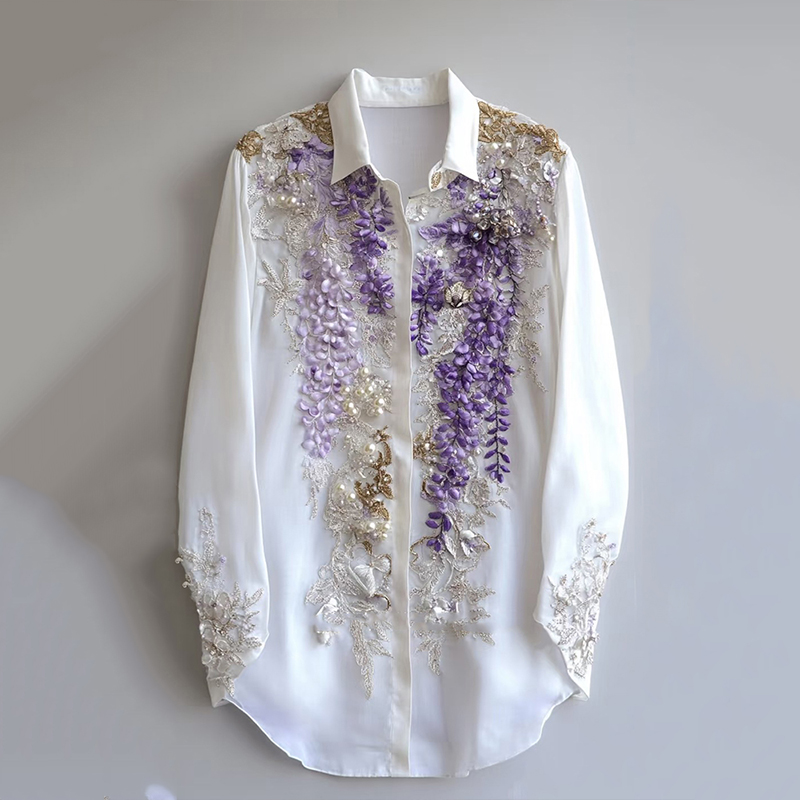 Women's Purple Floral Embroidered Art Linen Blend Shirt Women's Purple Floral Embroidered Art Linen Blend Shirt