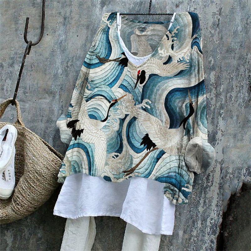 Cranes Over Sea Waves Japanese Embroidered Tunic Cranes Over Sea Waves Japanese Embroidered Tunic