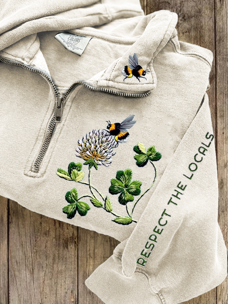 Respect The Locals Bees & Clovers Embroidered Zip Up Sweatshirt
