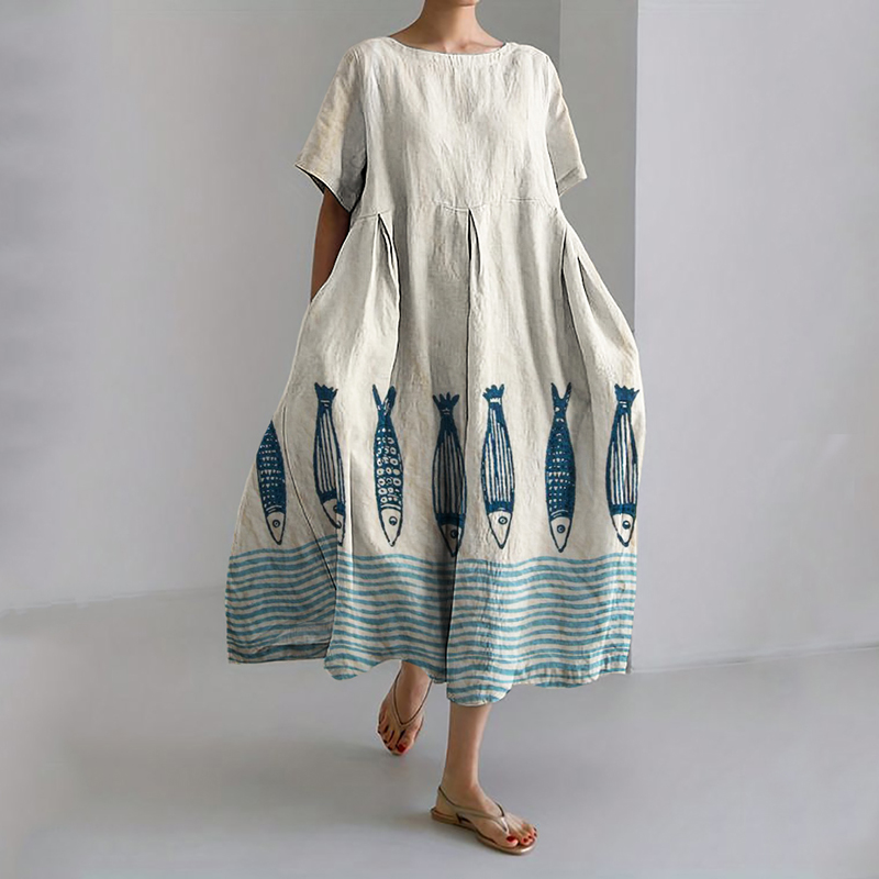 Fish Sea Waves Japanese Lino Art Bottom Linen Blend Maxi Dress Fish Sea Waves Japanese Lino Art Bottom Linen Blend Maxi Dress