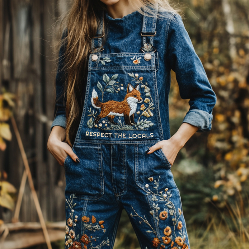 Respect The Locals Fox Floral Embroidered Denim Overalls