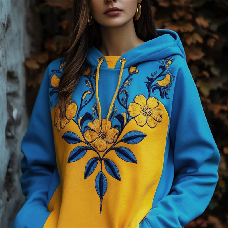 Ukraine Ethnic Floral Embroidered Contrast Color Hoodie