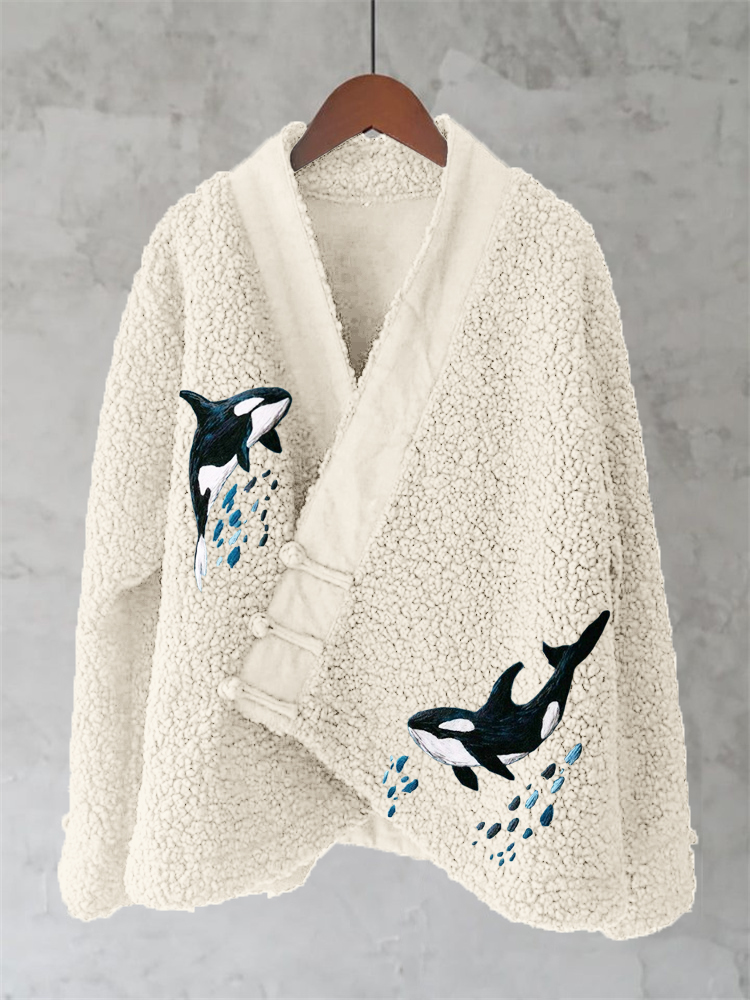 Ocean Whales Embroidery Art Fleece Kimono Cardigan Ocean Whales Embroidery Art Fleece Kimono Cardigan