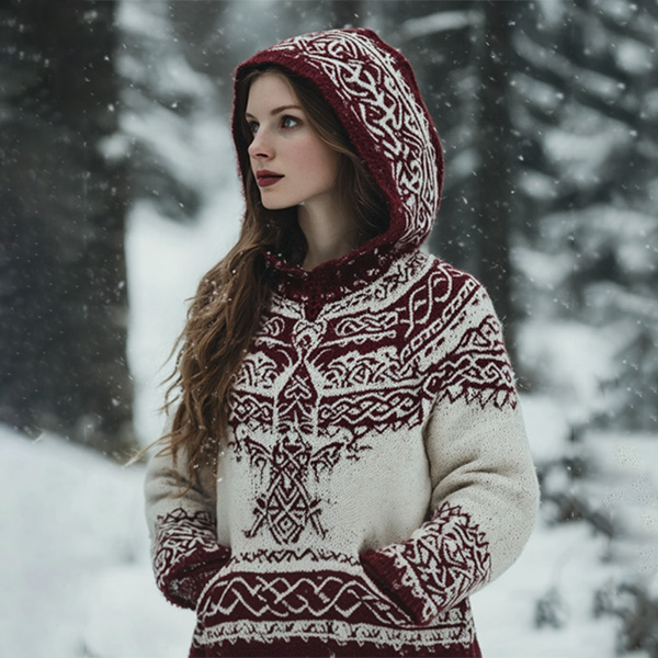 Women's Vintage Viking Valentine's Day Love Jacquard Hooded Sweater Women's Vintage Viking Valentine's Day Love Jacquard Hooded Sweater