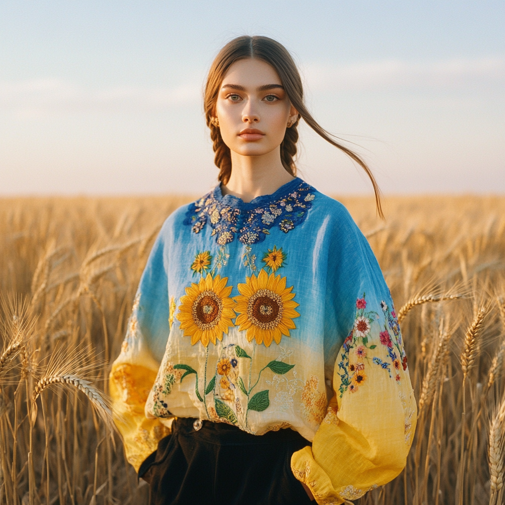 Women's Ukrainian Flag Sunflower Embroidered Crew Neck Linen Blend T-shirt