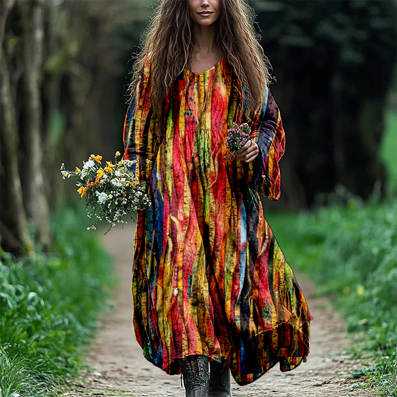 Colorful Boho Patchwork Flowy Linen Maxi Dress Colorful Boho Patchwork Flowy Linen Maxi Dress