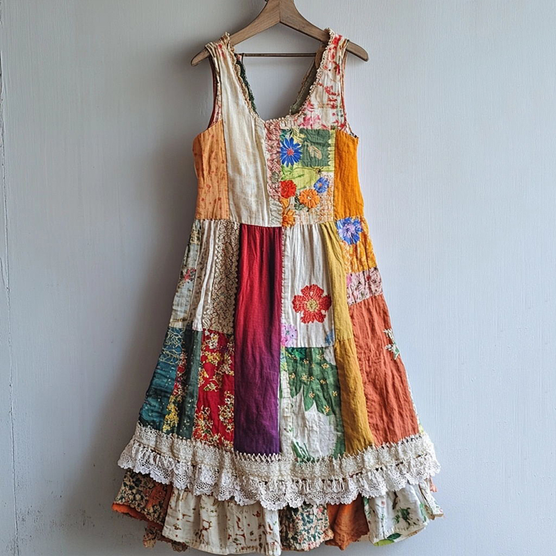 Floral Pattern Lace Patchwork Linen Blend Dress Floral Pattern Lace Patchwork Linen Blend Dress