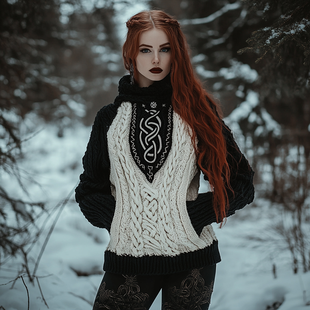 Women's Viking Tribal Jacquard Celtic Inspired Chunky Knit Hooded Sweater Women's Viking Tribal Jacquard Celtic Inspired Chunky Knit Hooded Sweater
