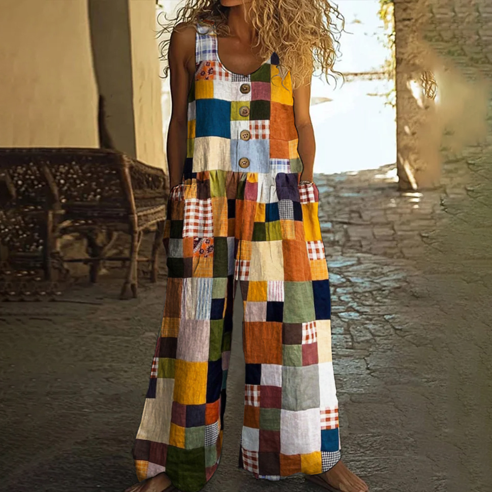 Vintage Square Patchwork Boho Art Women's Linen Wide Leg Jumpsuit