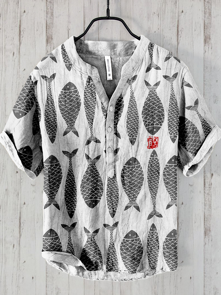 Vintage Fish Japanese Art Linen Blend Cozy Shirt Vintage Fish Japanese Art Linen Blend Cozy Shirt
