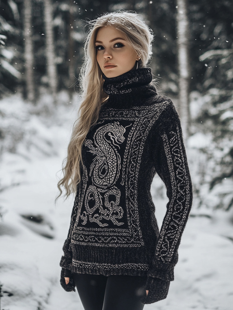 Viking Dragon Pattern Turtleneck Knit Sweater