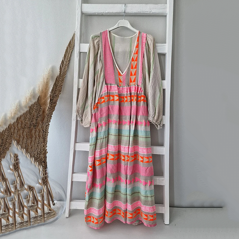 Vintage Colorful Linen Blend Midi Dress