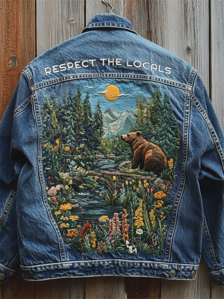 Respect The Locals Bear Landscape Embroidered Denim Jacket