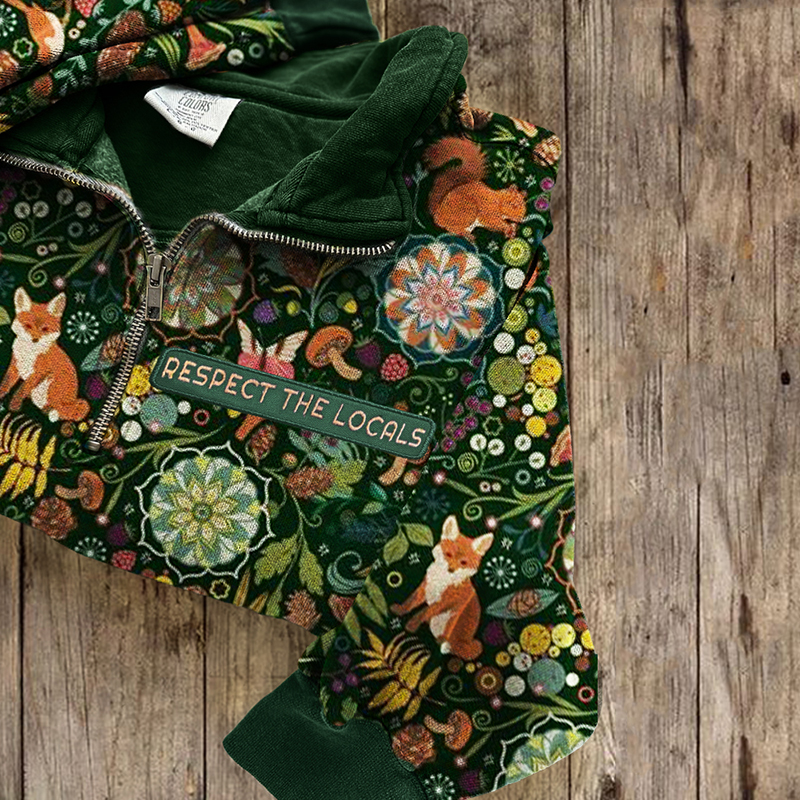 Respect The Locals Embroidered Animals Floral Zip Up Sweatshirt Respect The Locals Embroidered Animals Floral Zip Up Sweatshirt