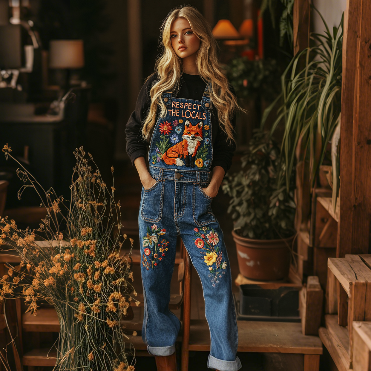 Respect The Locals Fox Floral Art Embroidered Denim Overalls Respect The Locals Fox Floral Art Embroidered Denim Overalls