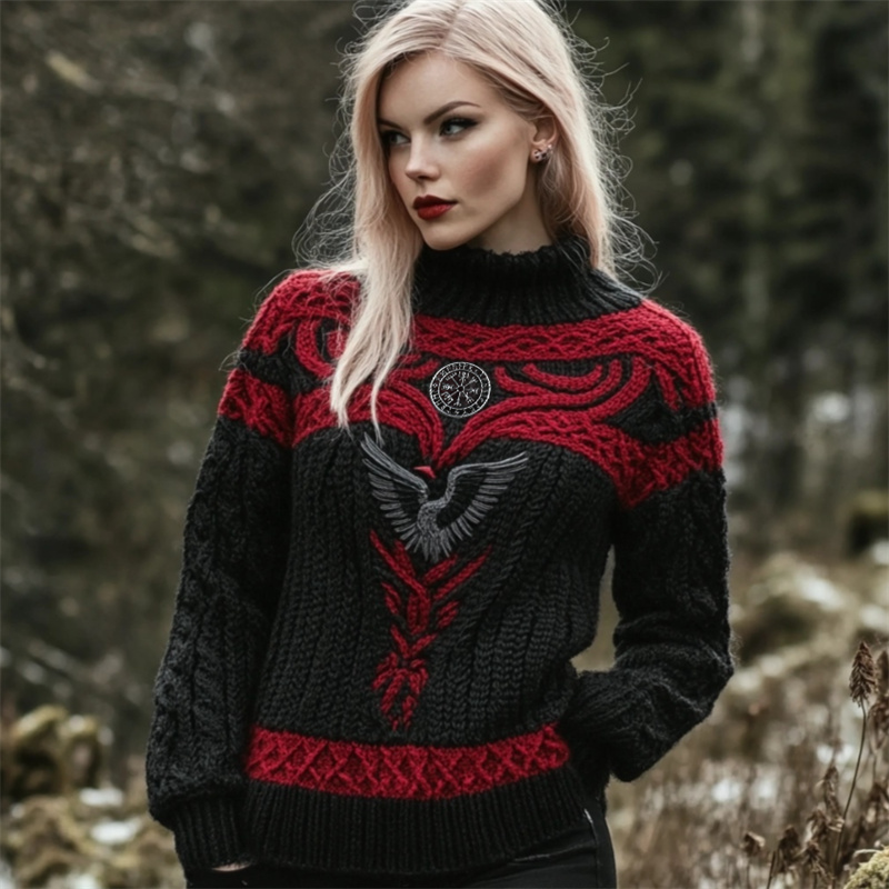 Raven Viking Vegvisir Embroidered Celtic Contrast Cozy Chunky Sweater Raven Viking Vegvisir Embroidered Celtic Contrast Cozy Chunky Sweater