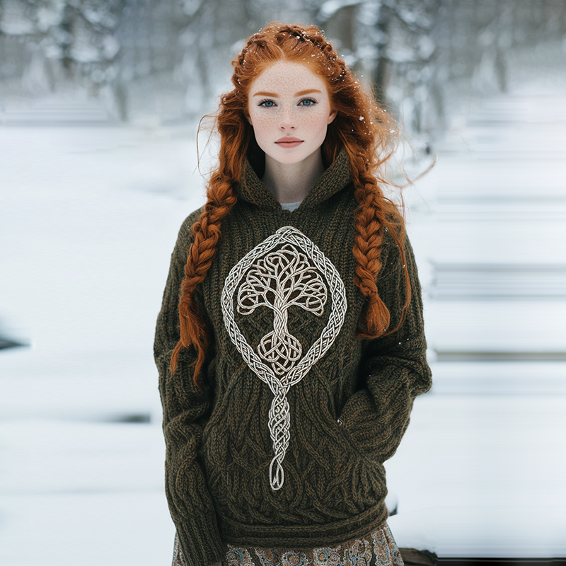 Vintage Viking Tribal Tree Of Life Jacquard Celtic Knit Hooded Sweater Vintage Viking Tribal Tree Of Life Jacquard Celtic Knit Hooded Sweater