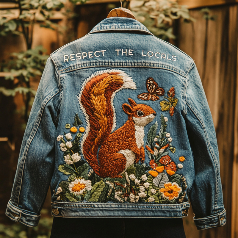 Respect The Locals Forest Squirrel Embroidered Denim Jacket Respect The Locals Forest Squirrel Embroidered Denim Jacket