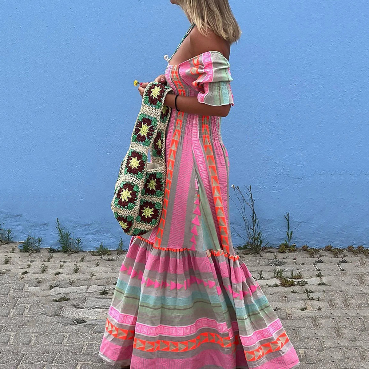 Vintage Geometric Color Block Bohemian Leisure Holiday Pleated Patchwork Half Sleeve Square Neck Colorful Midi Dress Vintage Geometric Color Block Bohemian Leisure Holiday Pleated Patchwork Half Sleeve Square Neck Colorful Midi Dress