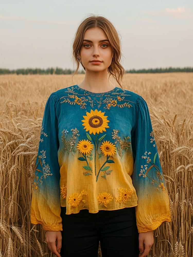 Women's Ukrainian Sunflower Embroidery Art Linen Blend T-shirt