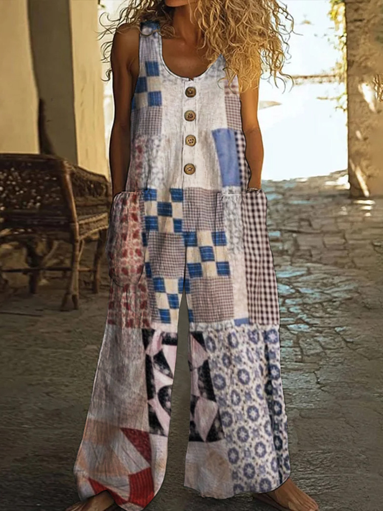 Vintage Square Patchwork Boho Art Women's Linen Wide Leg Jumpsuit