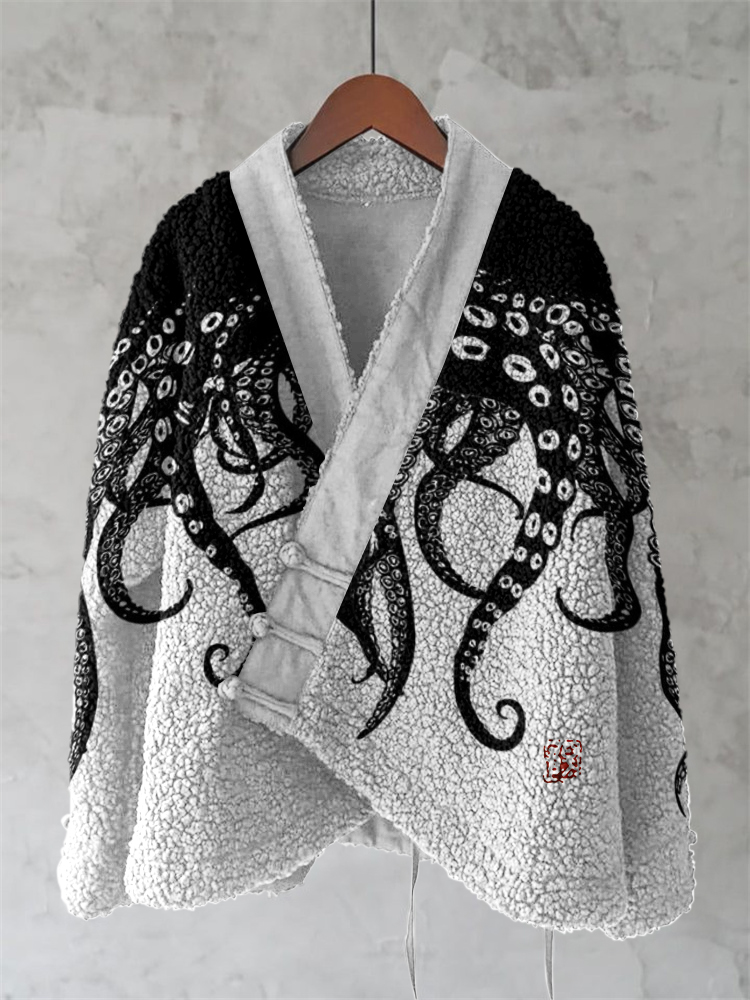 Vintage Octopus Art Painting Pattern Fleece Kimono Cardigan
