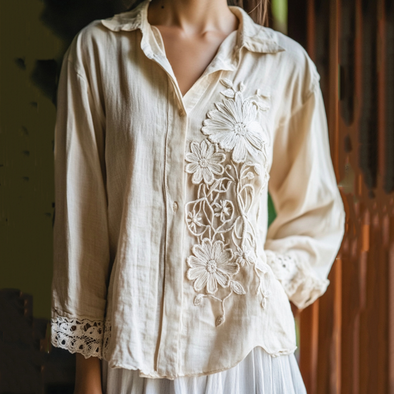 Women's Floral Lace Embroidery Art Long Sleeve Casual Shirt Women's Floral Lace Embroidery Art Long Sleeve Casual Shirt