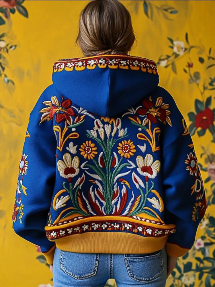 Ukraine Floral Embroidered Contrast Color Cozy Hoodie