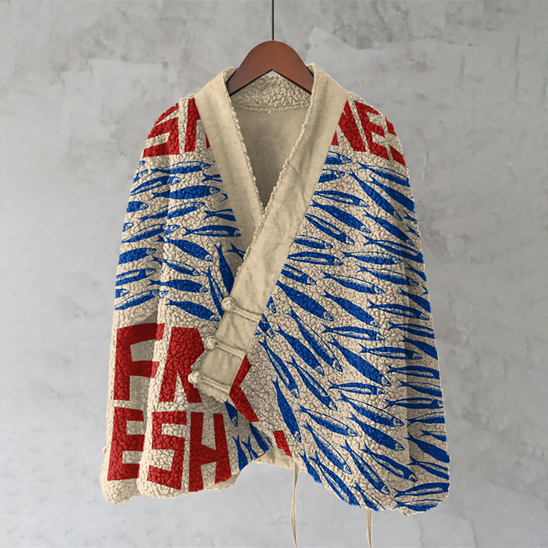 Vintage Fish Sardines Art Painting Pattern Fleece Kimono Cardigan Vintage Fish Sardines Art Painting Pattern Fleece Kimono Cardigan