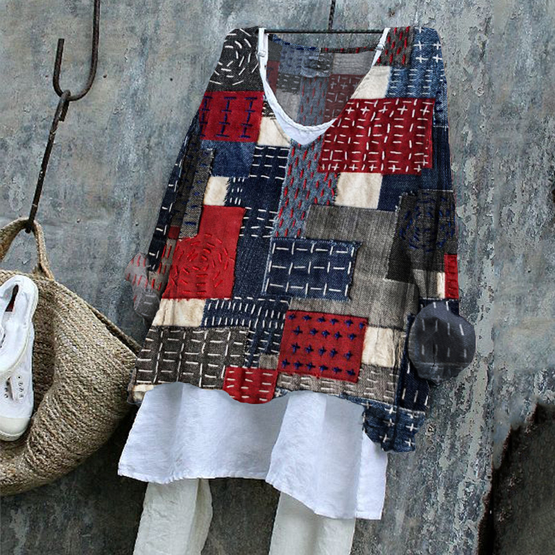 Japanese Sashiko Art Stitched Linen Blend Tunic Japanese Sashiko Art Stitched Linen Blend Tunic