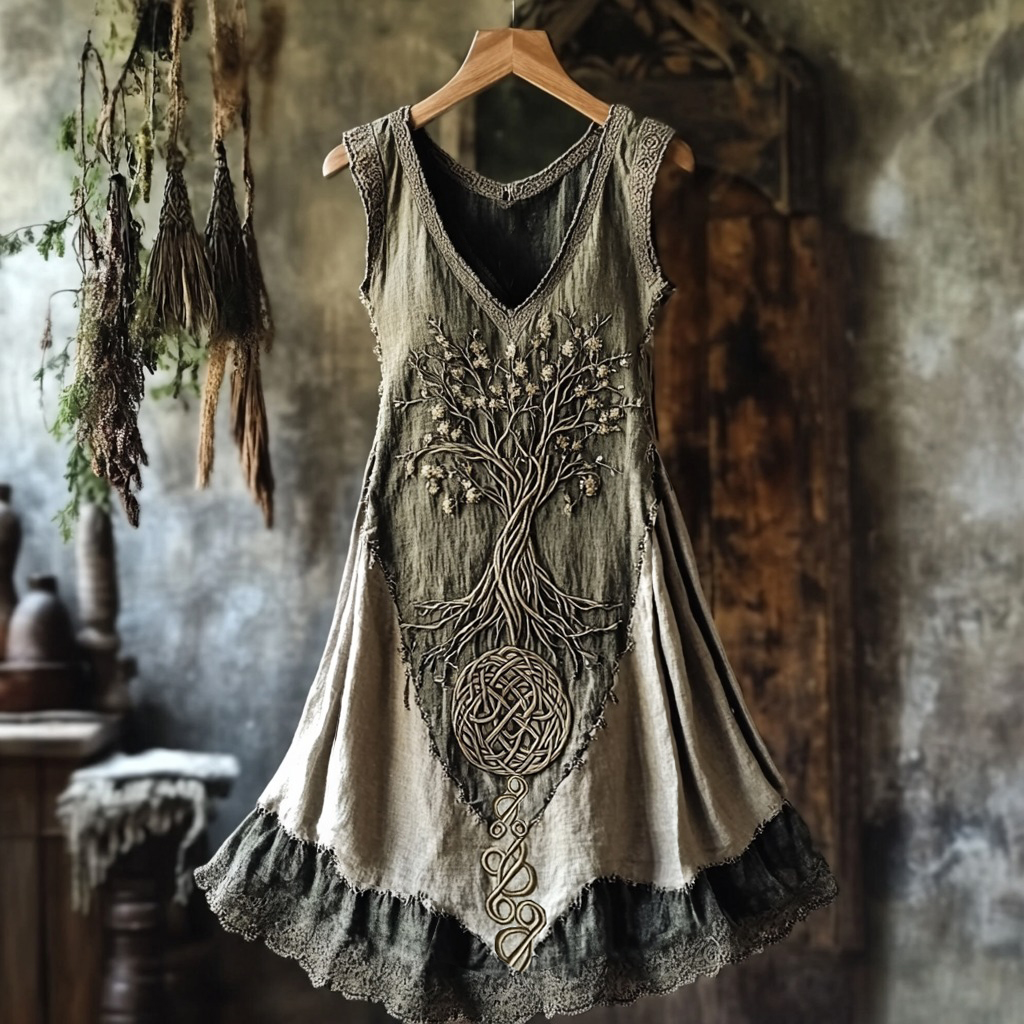 Tribal Life Of Tree Lace Contrast Color Art Linen Tank Dress Tribal Life Of Tree Lace Contrast Color Art Linen Tank Dress