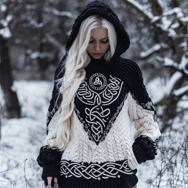 Viking Embroidered Celtic Contrast Color Cozy Chunky Hooded Sweater Viking Embroidered Celtic Contrast Color Cozy Chunky Hooded Sweater