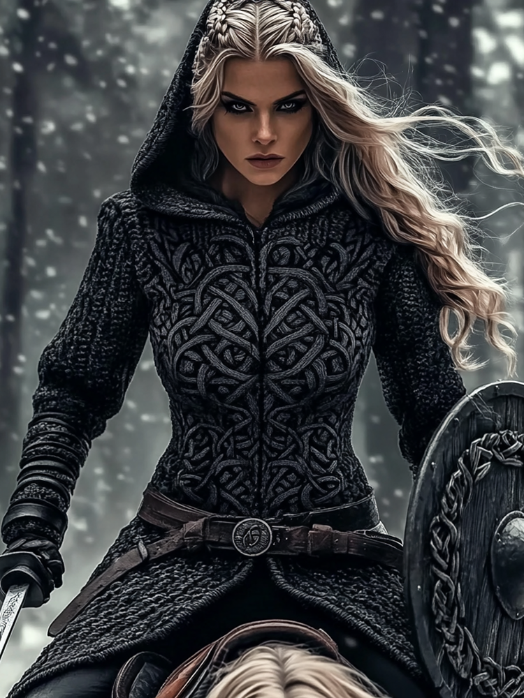 Women's Viking Tribal Jacquard Celtic Chunky Knit Zip-up Hooded Sweater