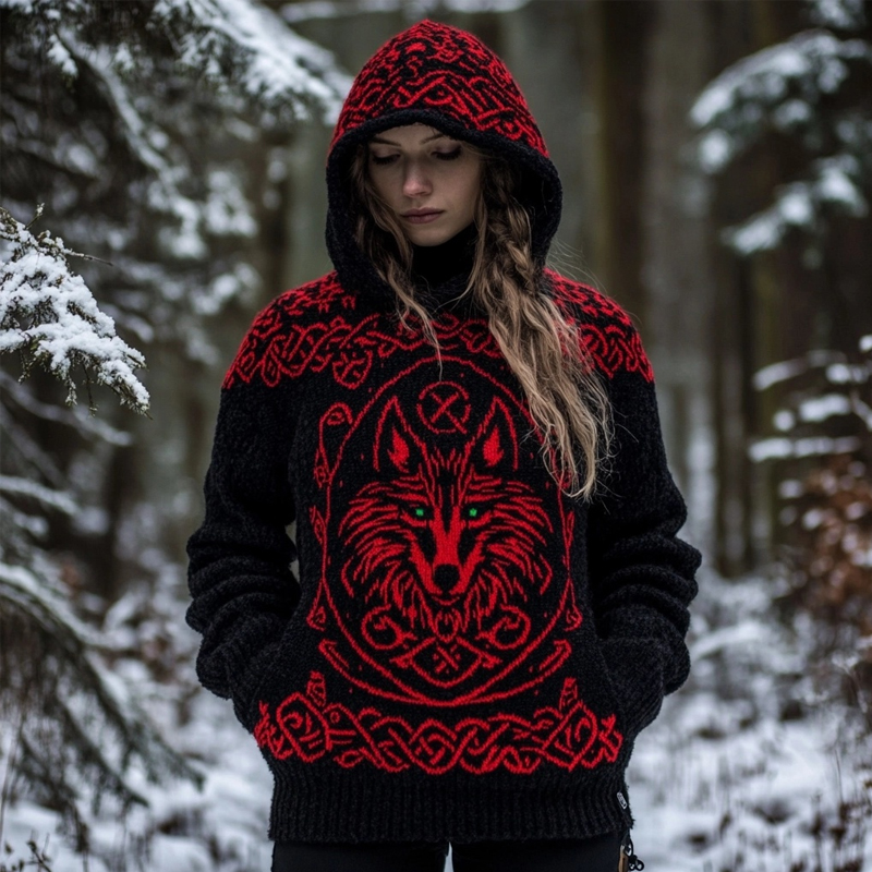 Viking Wolf Inspired Celtic Jacquard Cozy Hooded Sweater Viking Wolf Inspired Celtic Jacquard Cozy Hooded Sweater